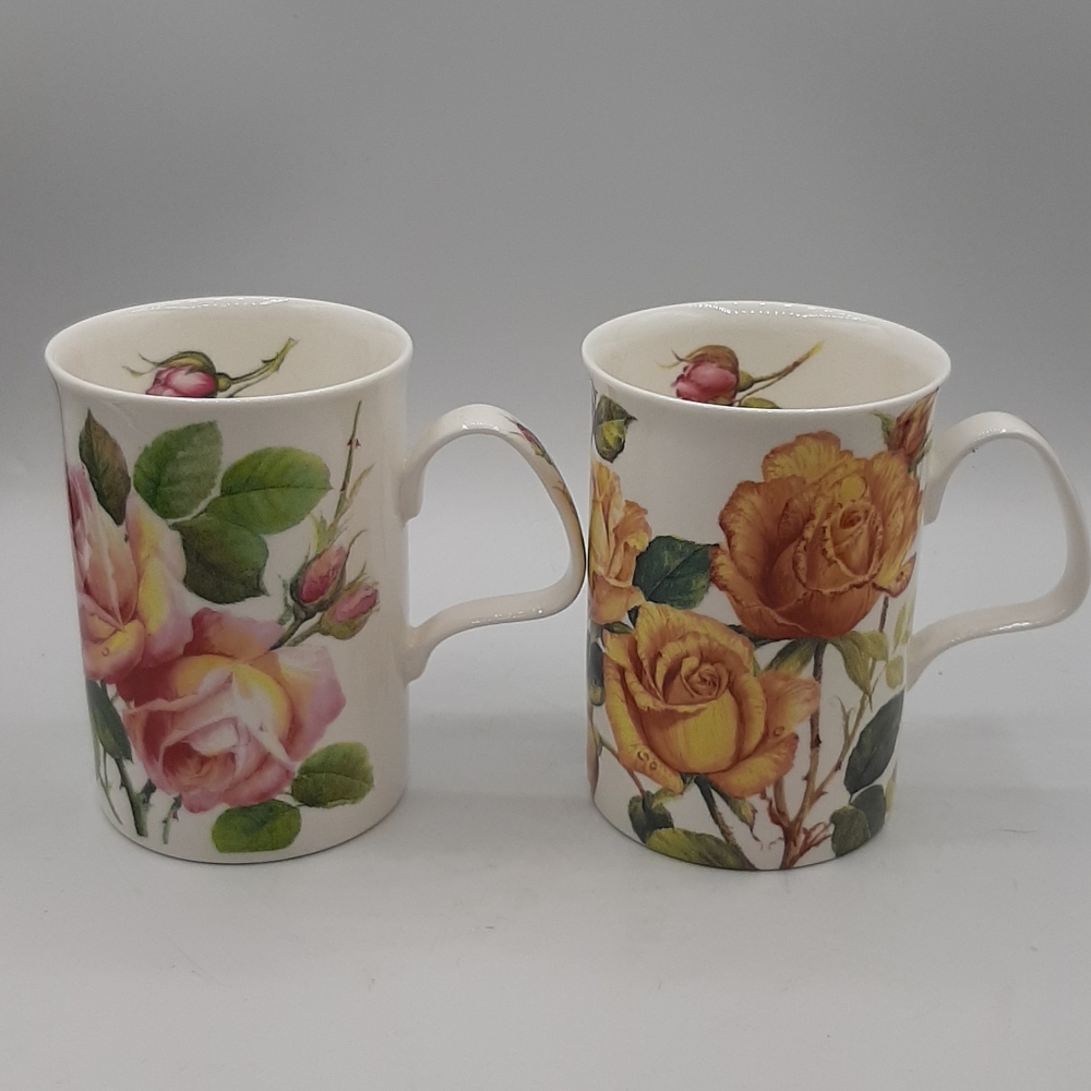 Vintage Roy Kirkham English Rose 2 Mugs Fine Bone China Made in England 1992